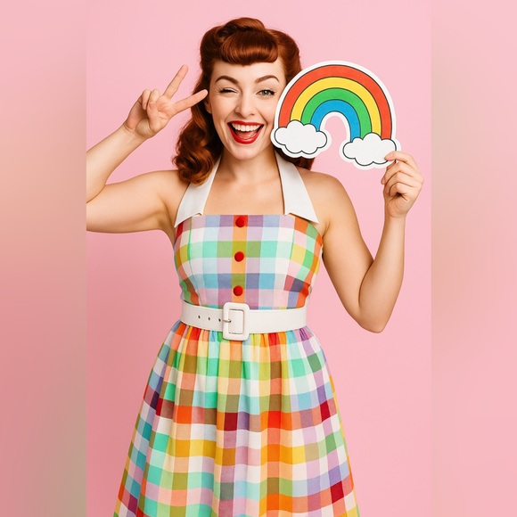 Unique Vintage Collectif Rainbows Over Hollywood Gingham Halter Swing Dress, NWT - Picture 7 of 16